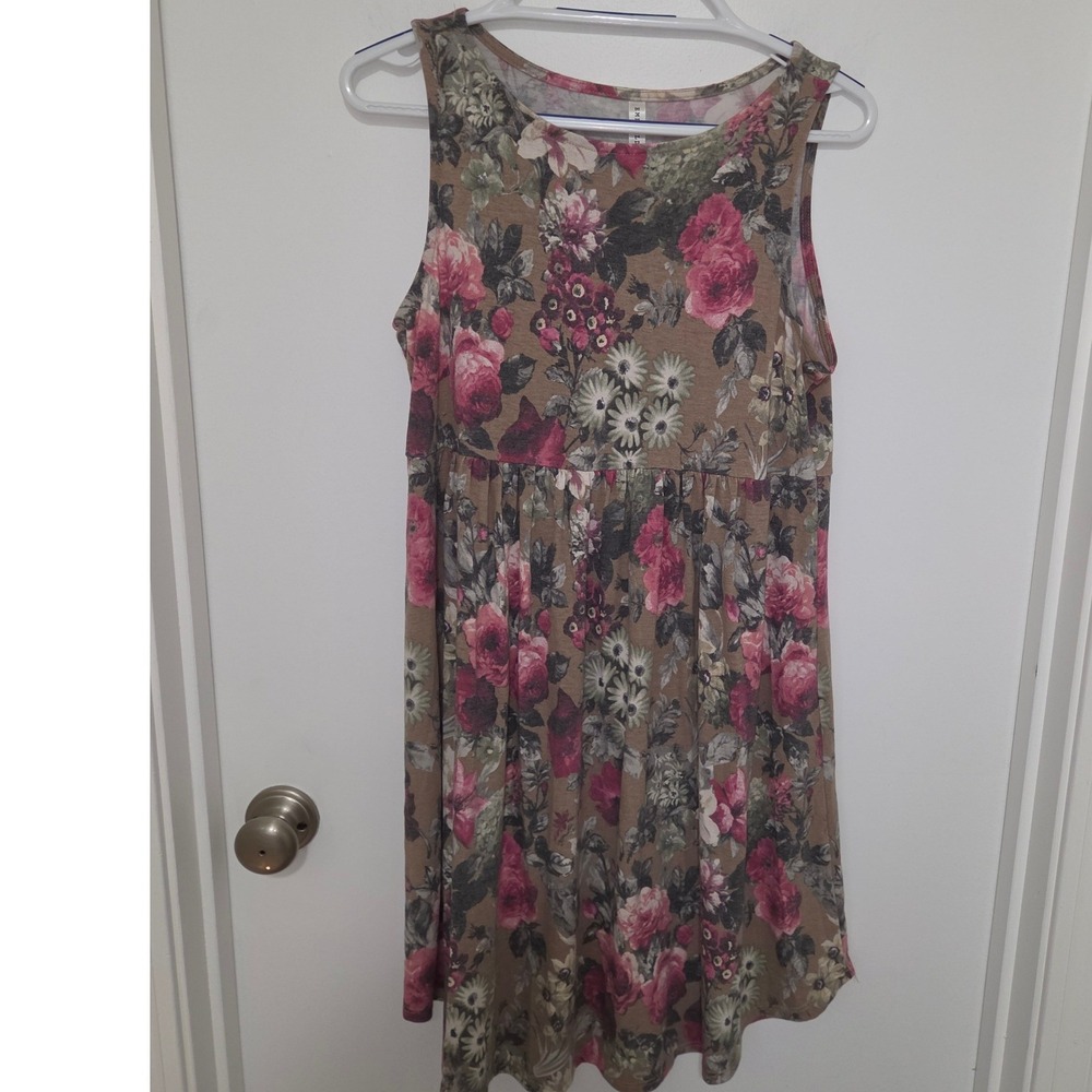Emerald Floral Sleeveless Babydoll Mini Dress Pink Taupe Large Tank Dress